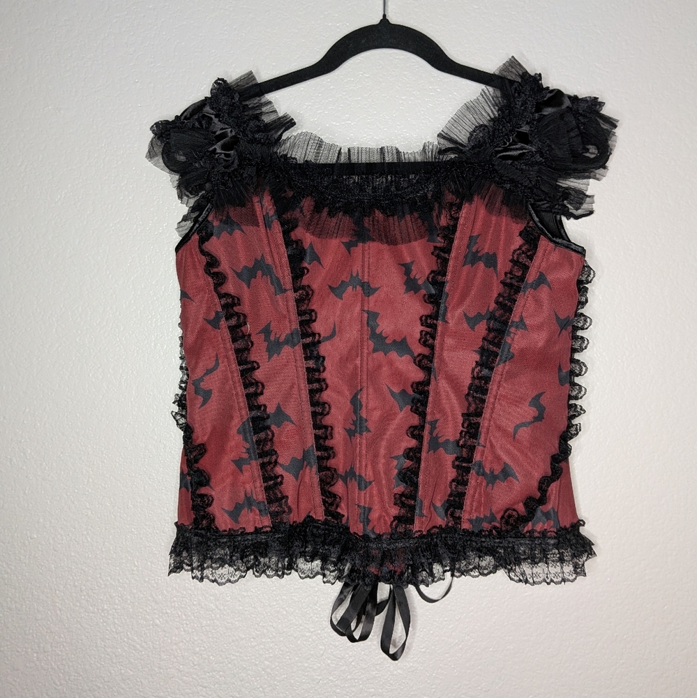 SHEIN Red Goth Bat Renaissance Dainty Tulle Lace Trim Lace Up Corset Top XL